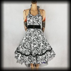 Sukienka Pin Up Punk H&R S/M czaszki biało czarna