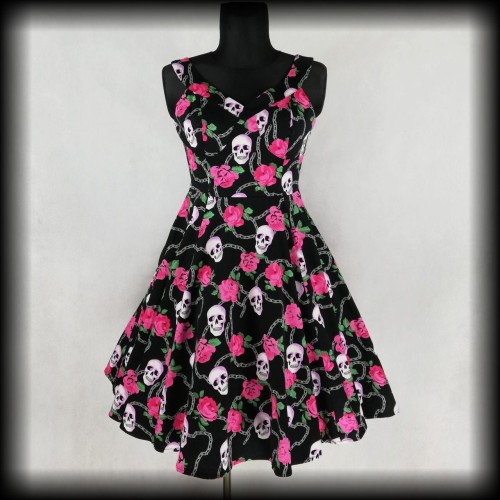 Sukienka Pin Up Punk H&amp;R XL czaszki róże.jpg