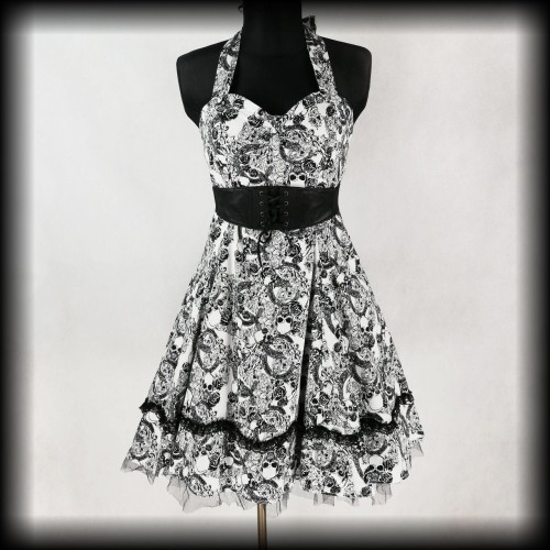 Sukienka Pin Up Punk Hearts &amp; Roses XL czaszki biało czarna.jpg