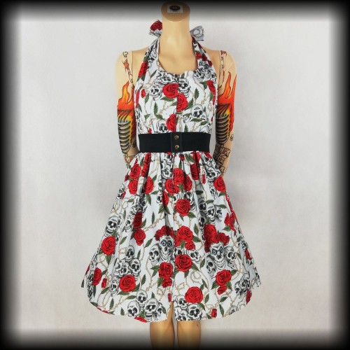 Sukienka Pin Up Punk czaszki i róże S Black Roses popielata NOWA.jpg