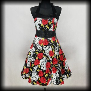 Sukienka Pin Up Punk M czaszki i róże gorsetowa