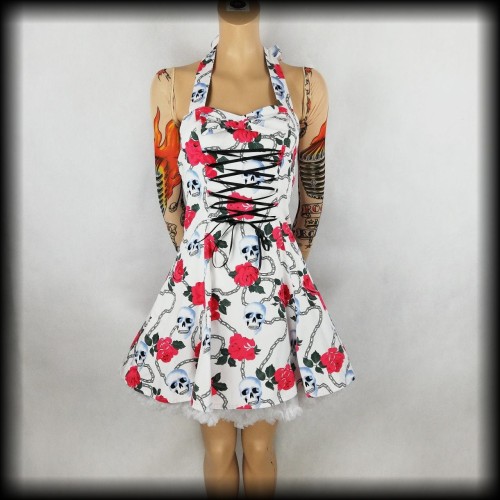 Sukienka Pin Up Punk H&amp;R M mini czaszki róże.jpg