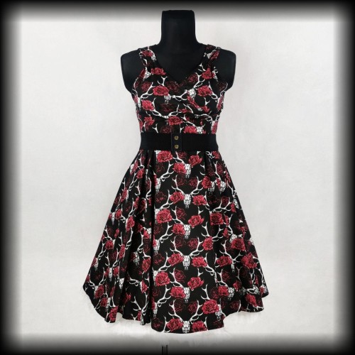 Sukienka Pin Up Rockabella XL czaszki jeleni i róże.jpg