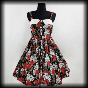 Sukienka Pin Up w czaszki i róże L Black Roses czarna