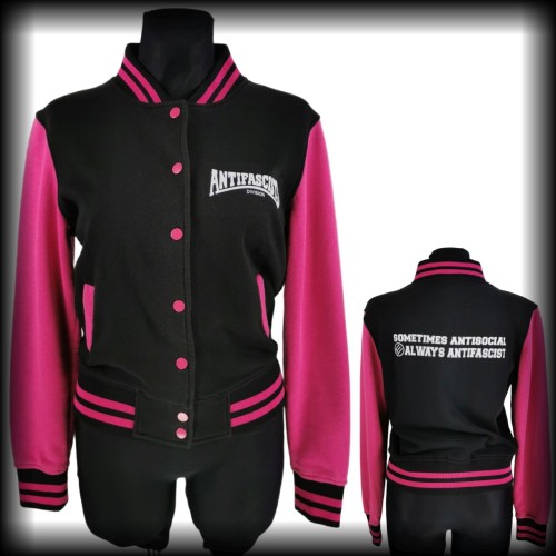 Bluza baseballówka L Antifascists czarno różowa DIY.jpg