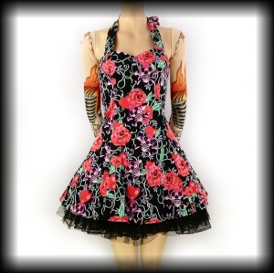 Sukienka Pin Up Punk H&R S czarna mini czaszki róże 
