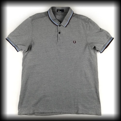 Polo Fred Perry XL szary melanż z brązowo niebieską lamówką.jpg