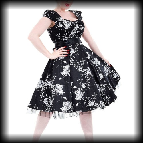 Sukienka Pin Up H&amp;R XS czarna w kwiaty z rękawkami.jpg