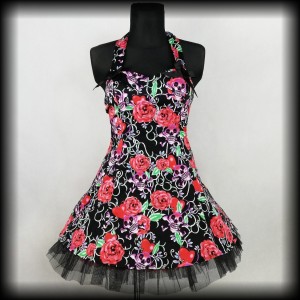 Sukienka Pin Up Punk H&R L czarna mini czaszki róże 