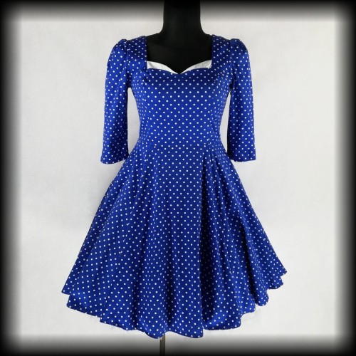 Sukienka Pin Up Hearts &amp; Roses L niebieska w groszki z rękawkami 12.jpg